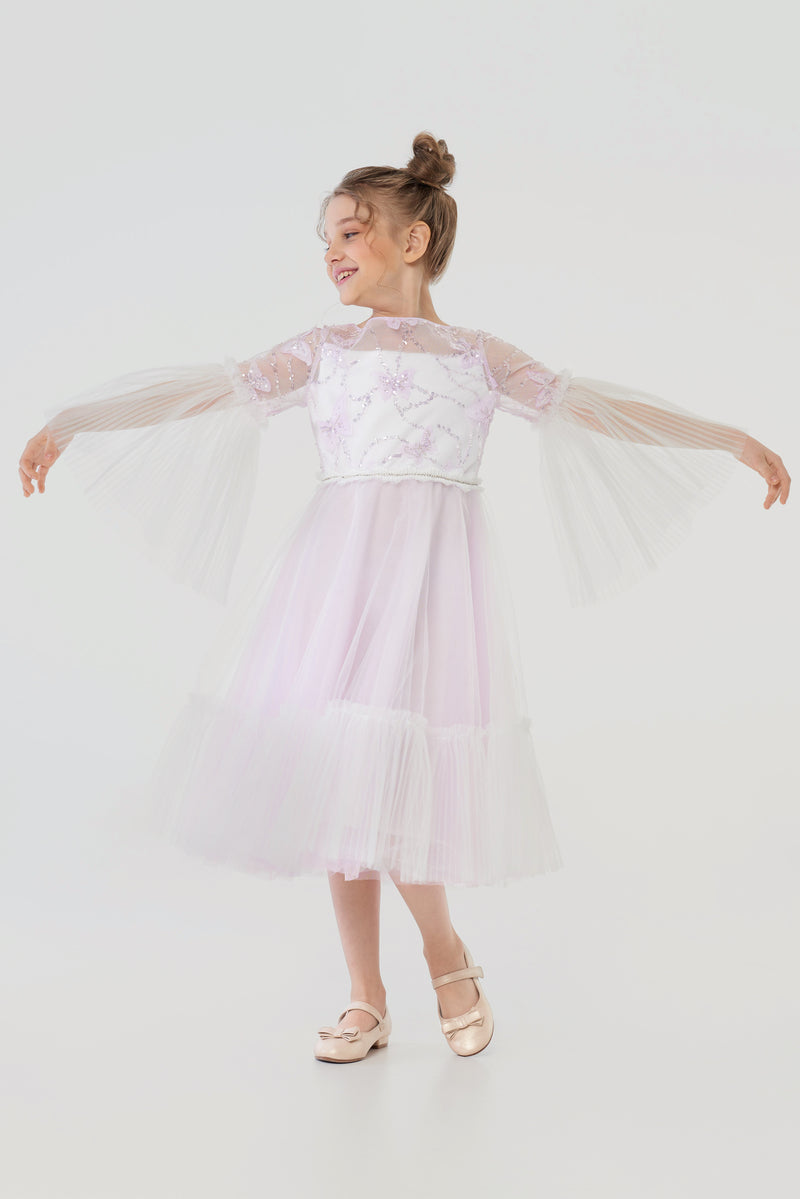 3D Butterfly Sequins Decorated Puffy Sleeves Dress