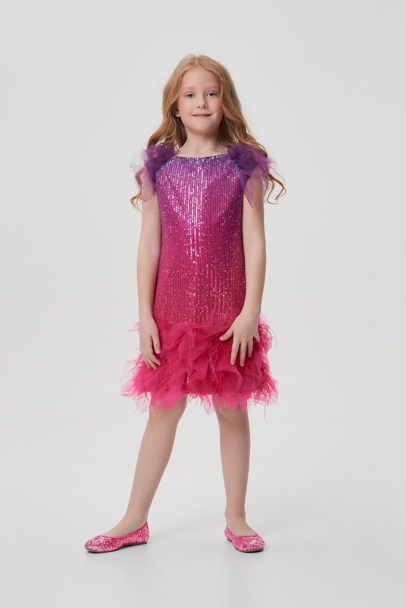 Combined Gradient Sequins Coctail Dress with a fluffy mesh