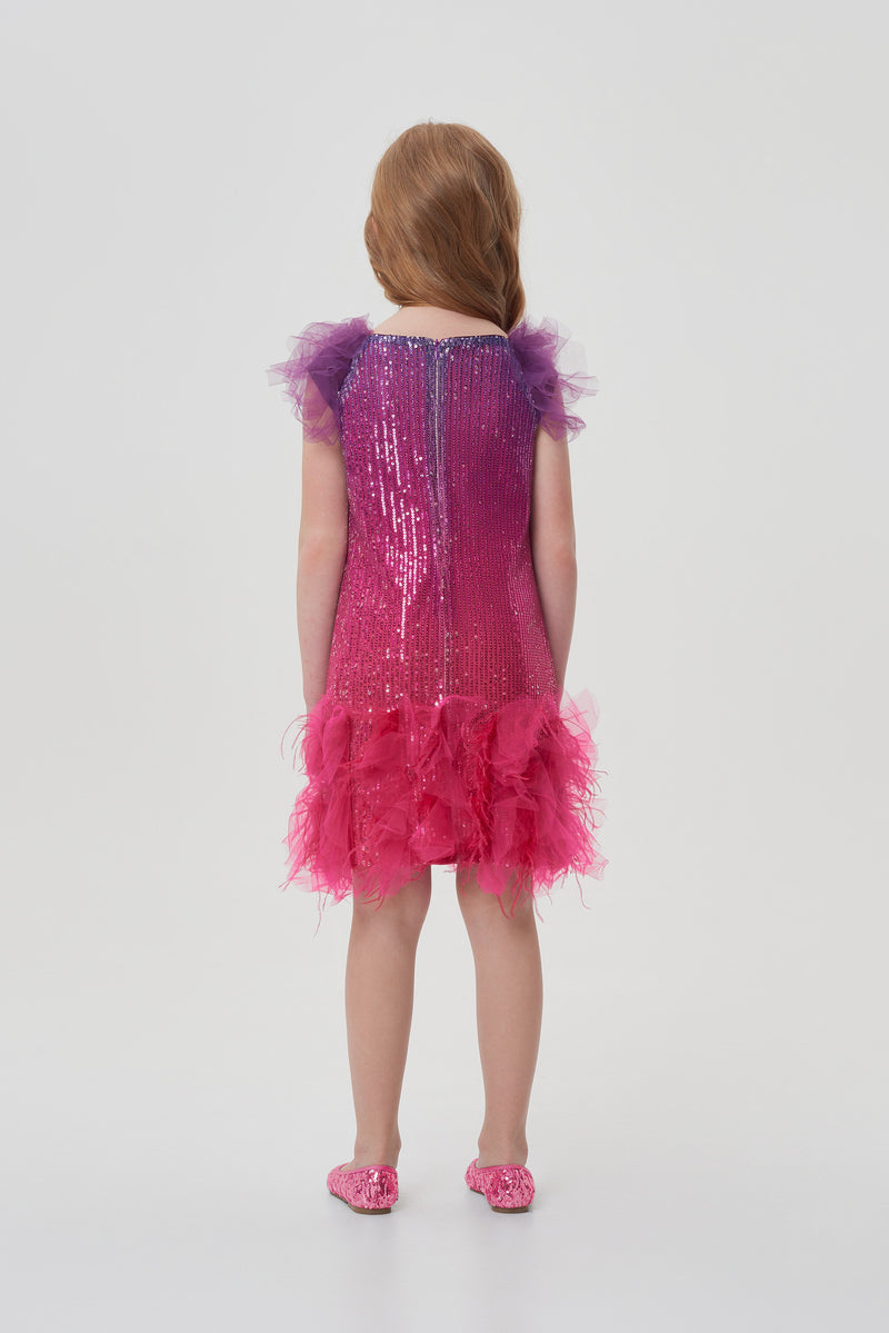 Combined Gradient Sequins Coctail Dress with a fluffy mesh