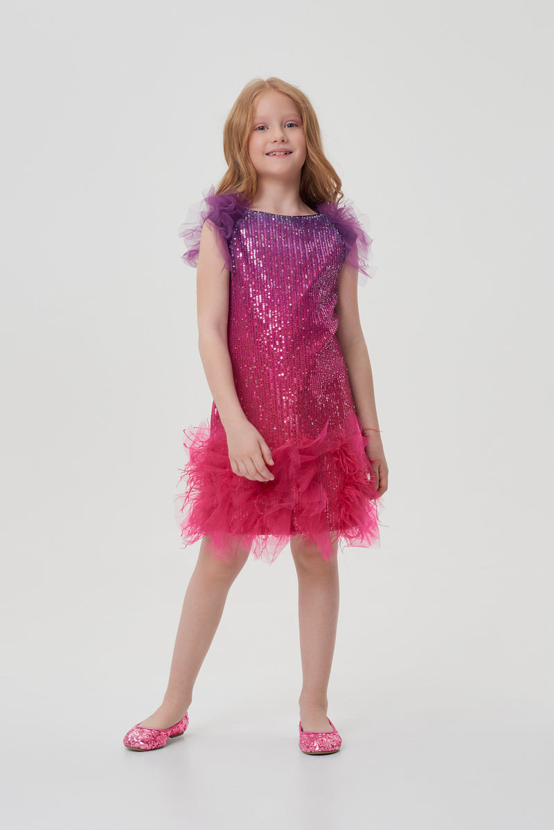 Combined Gradient Sequins Coctail Dress with a fluffy mesh