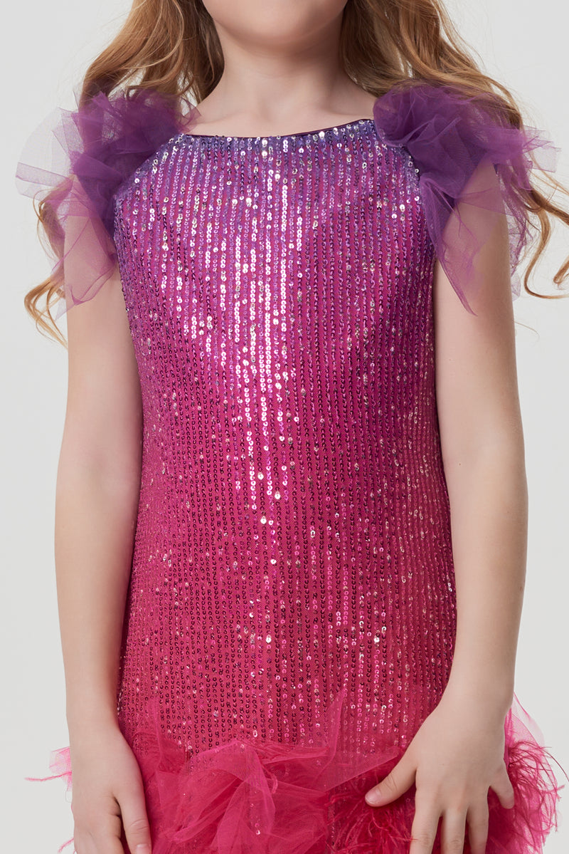 Combined Gradient Sequins Coctail Dress with a fluffy mesh