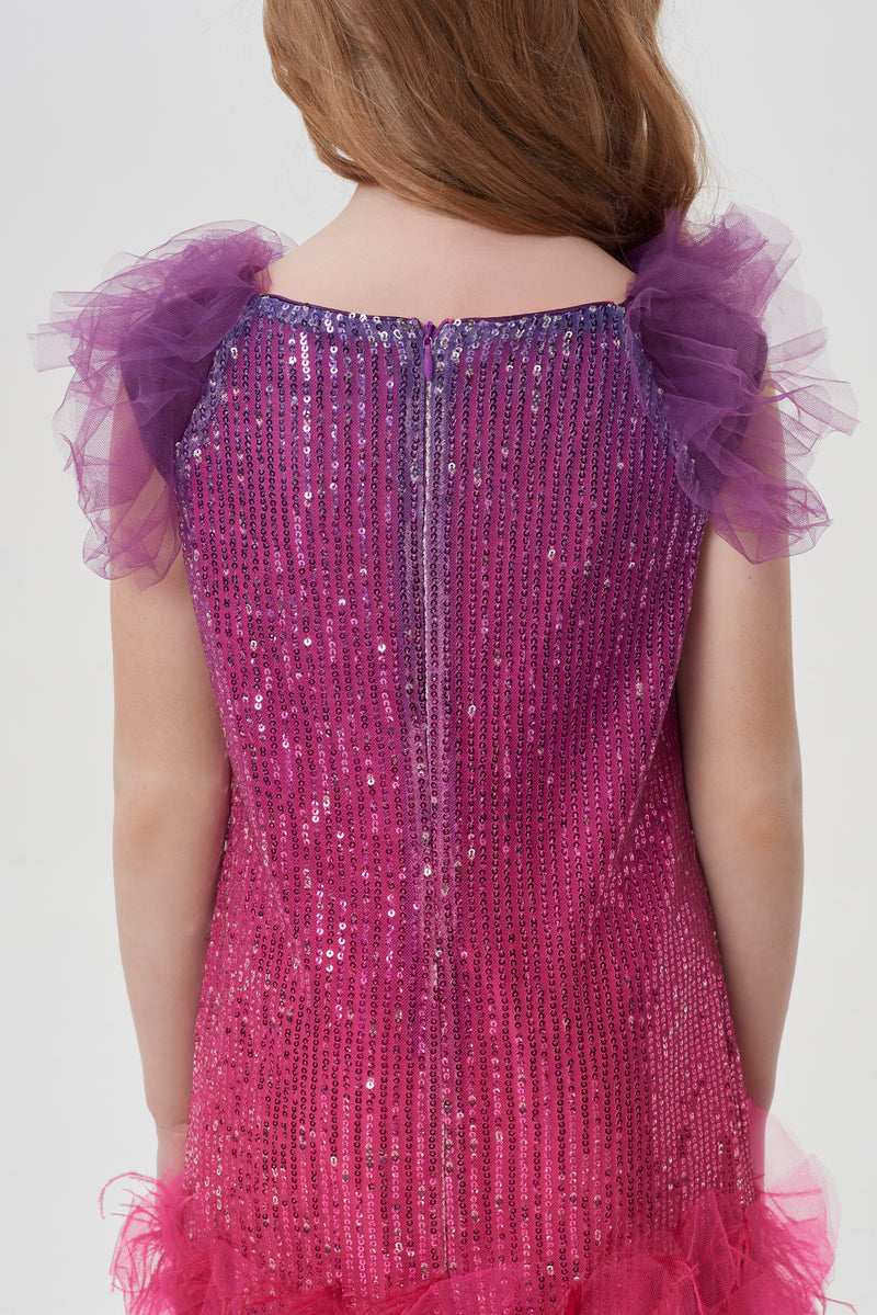 Combined Gradient Sequins Coctail Dress with a fluffy mesh