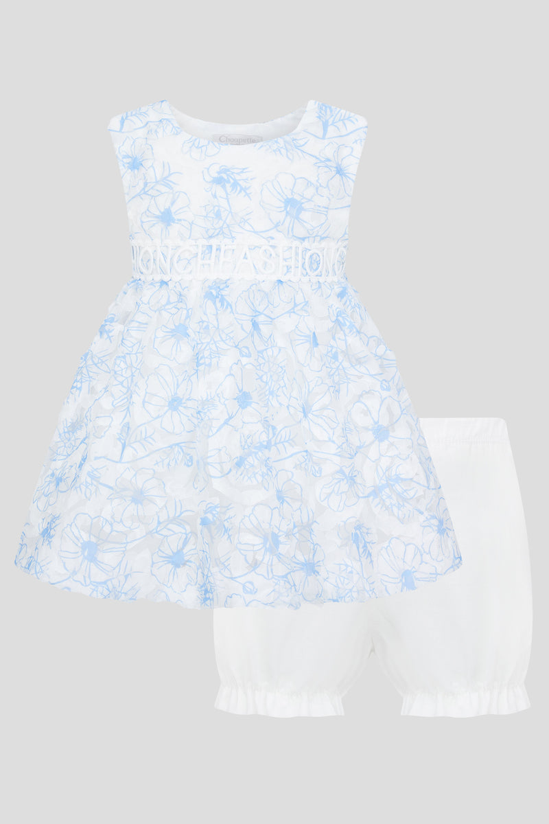 Blue and ecru decorated dress