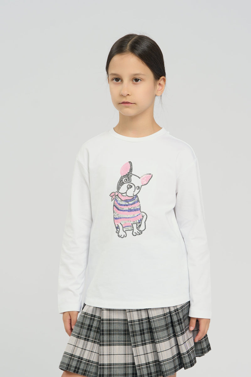 Elegant LS tee with sequins dog applique