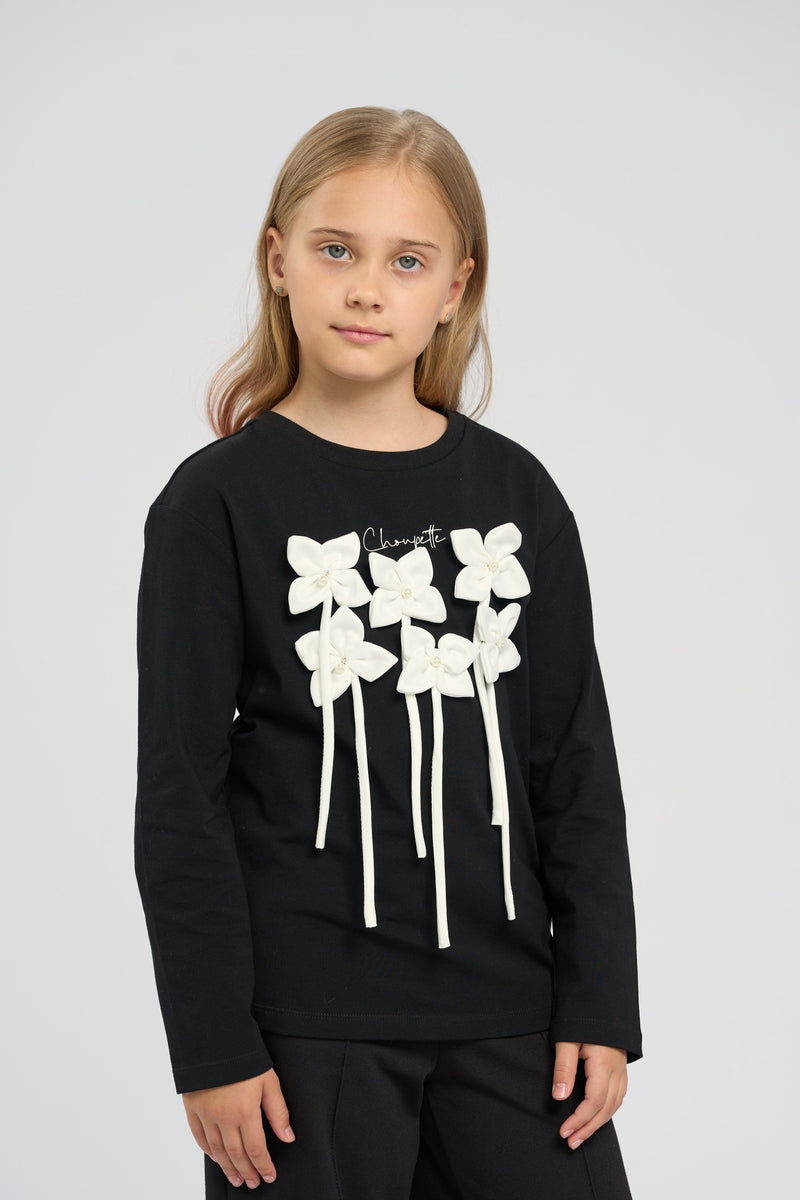 3D Flowers LS Tee, black