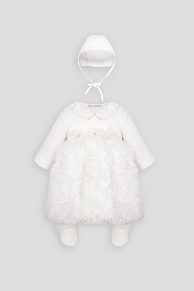 Dress set (overall, bonnet) with lace and fluffy skirt