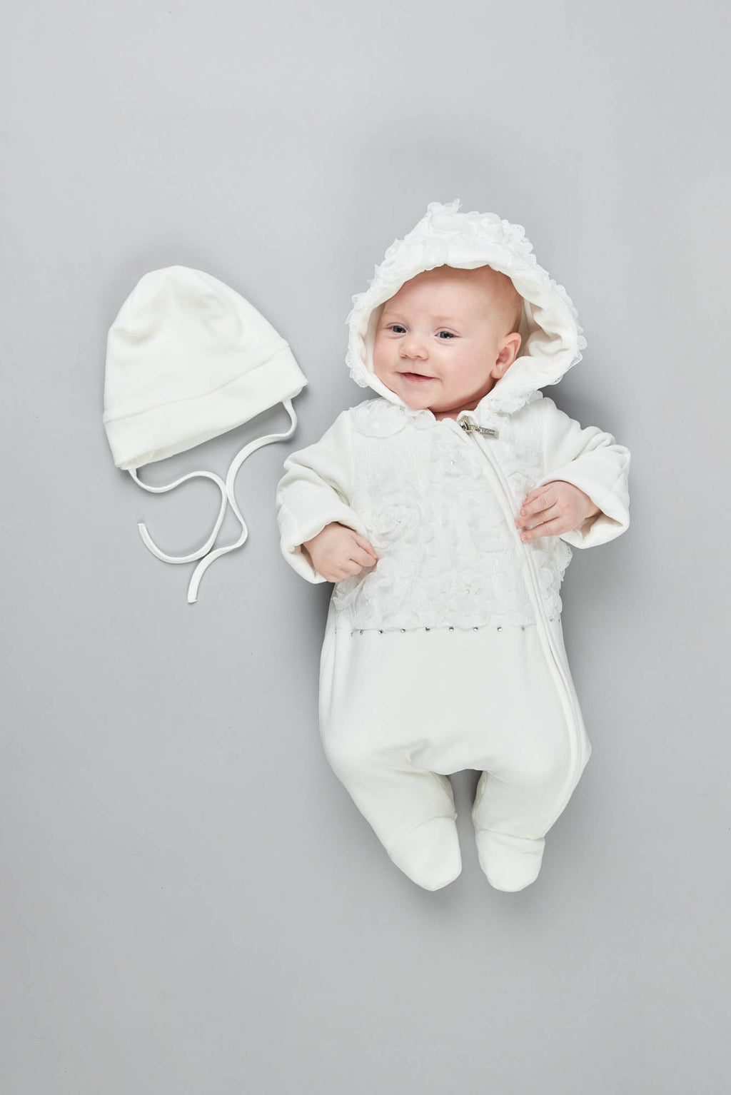 Lace Decorated Warmed Pramsuit and Bonnet Set