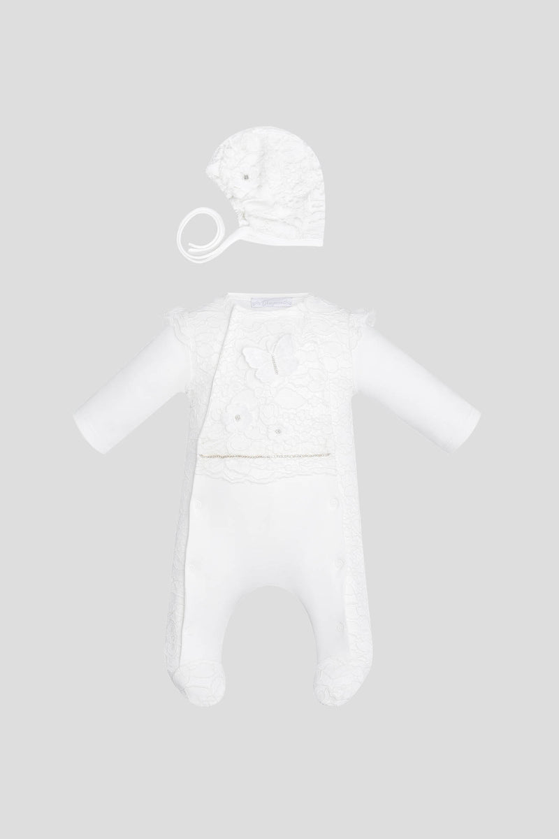 Lace Decorated Overall and Bonnet Set ,ecru