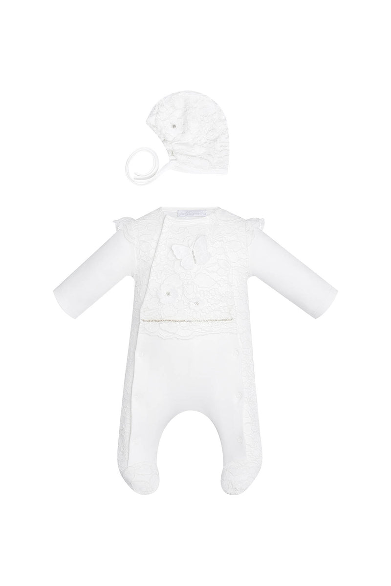 Lace Decorated Overall and Bonnet Set ,ecru