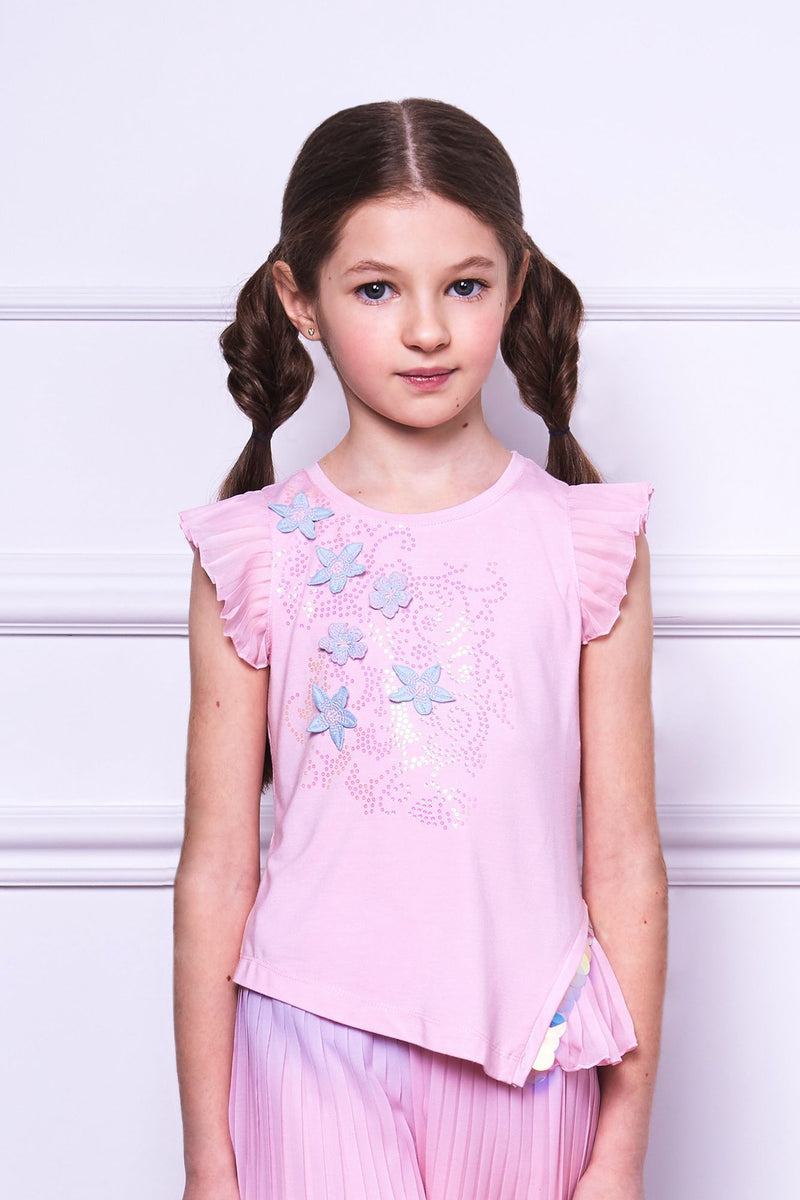 Pleated Top with 3D flowers applique