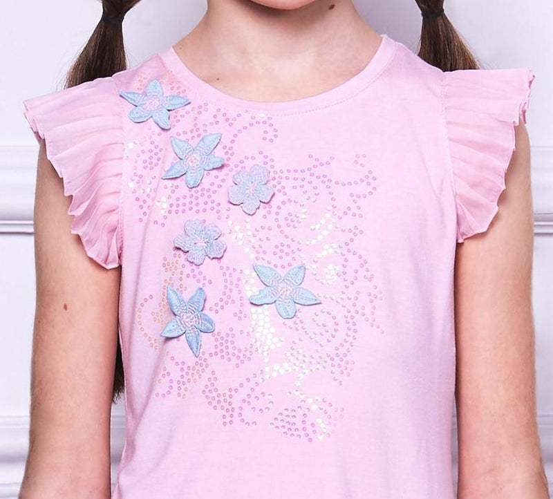 Pleated Top with 3D flowers applique