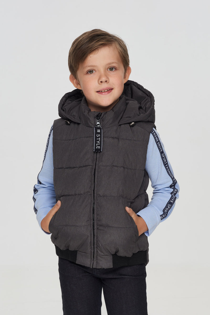 Hooded Quilted Sleeveless Jacket, grey melange.