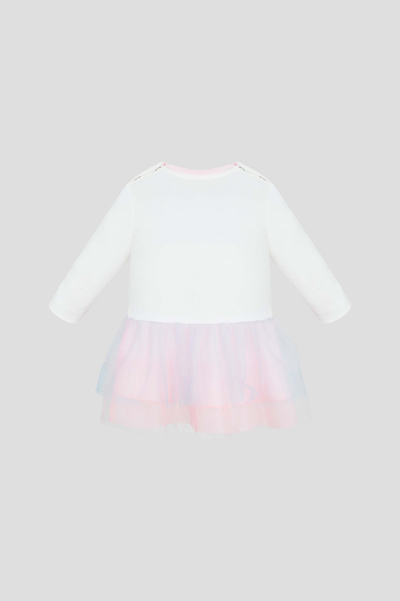 Combined Multitiered Skirt Dress, ecru/pink