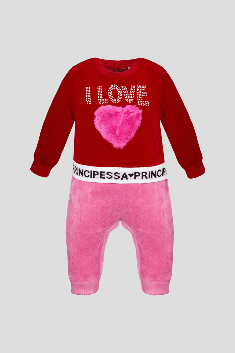 Red & Pink Applique Velour Overall