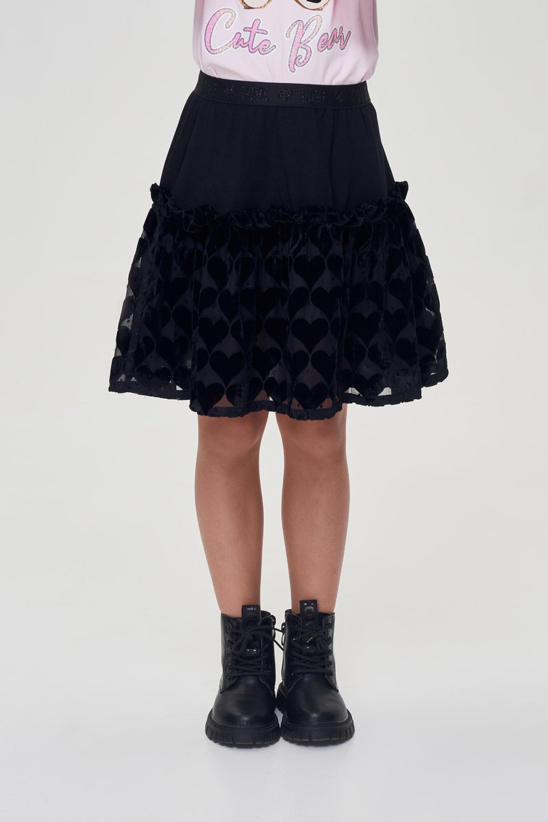 Flock Printed Volant Skirt, black