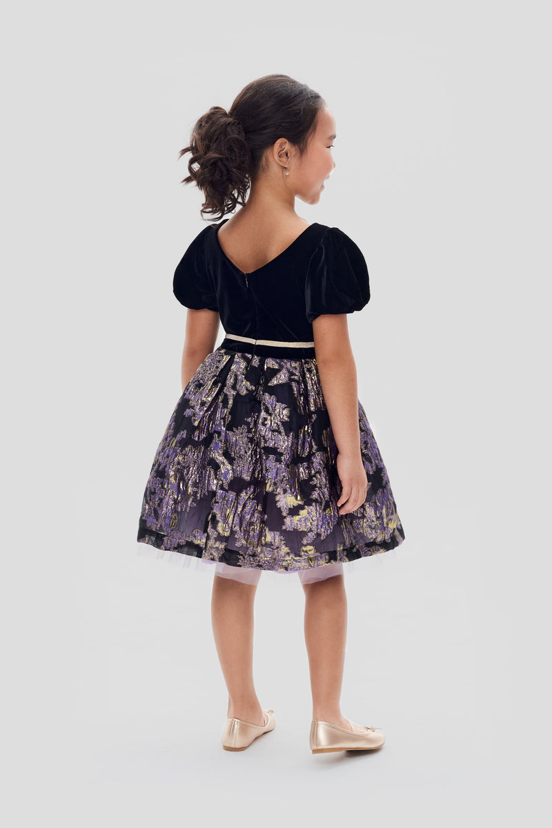 Combined Velvet and Brocade Smart Dress, black and lavender