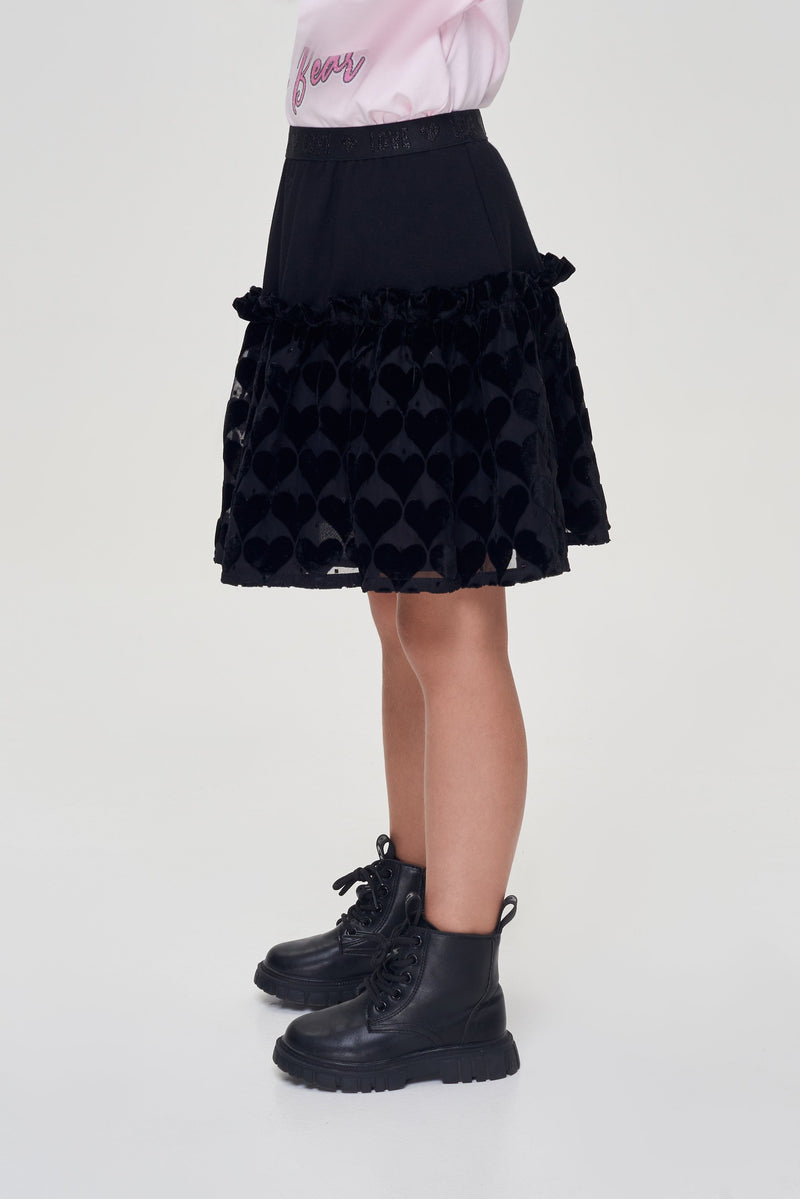 Flock Printed Volant Skirt, black