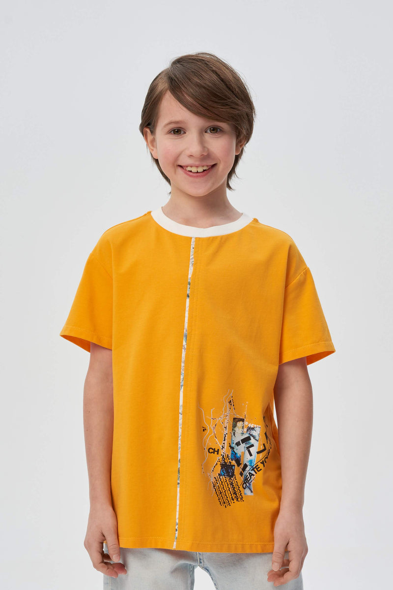 Ocher decorated and printed t-shirt