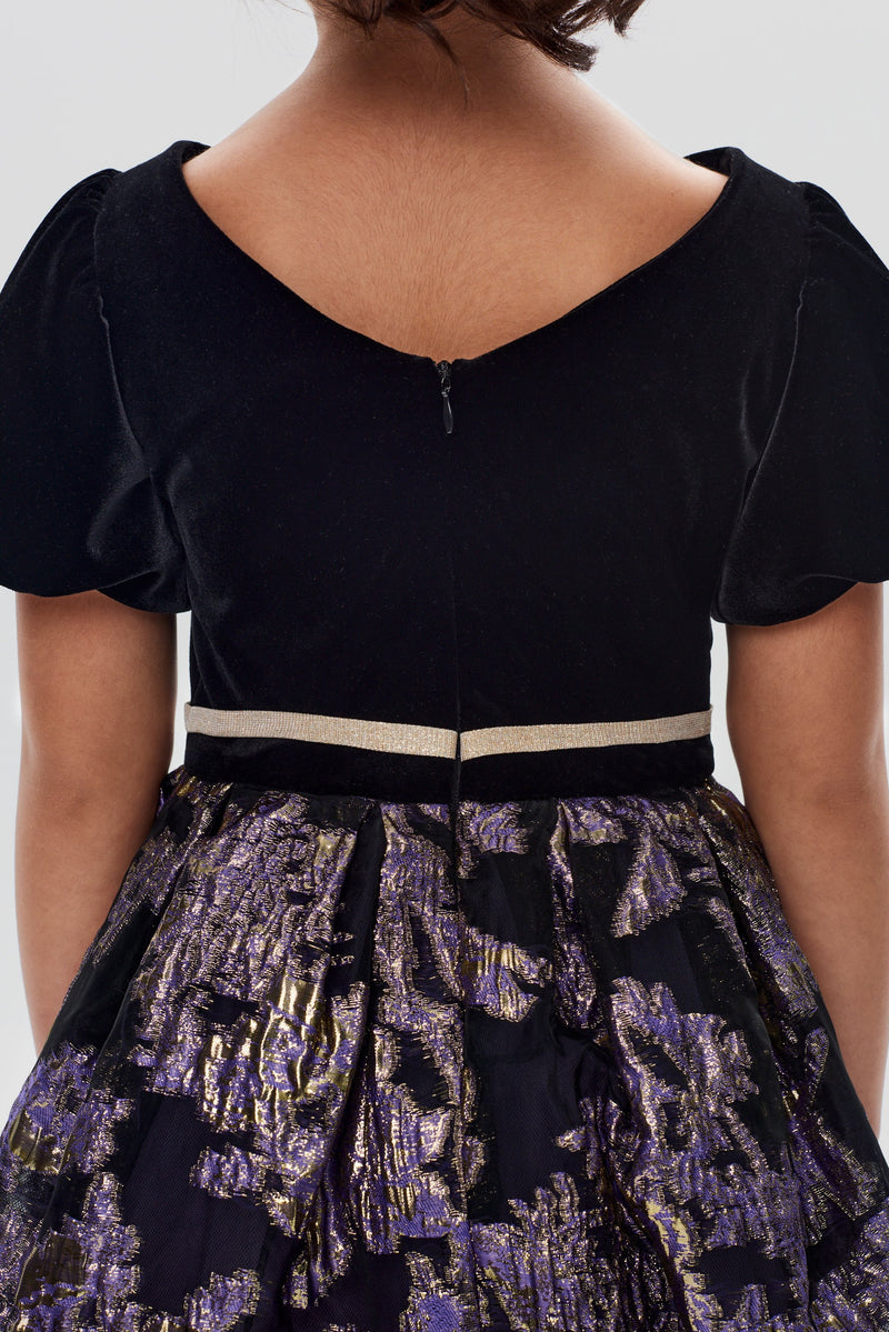 Combined Velvet and Brocade Smart Dress, black and lavender