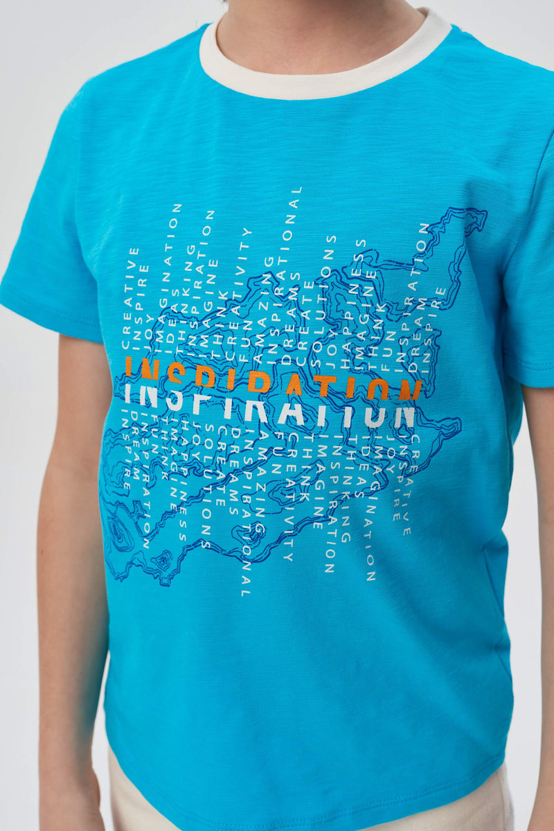 Blue decorated and printed t-shirt