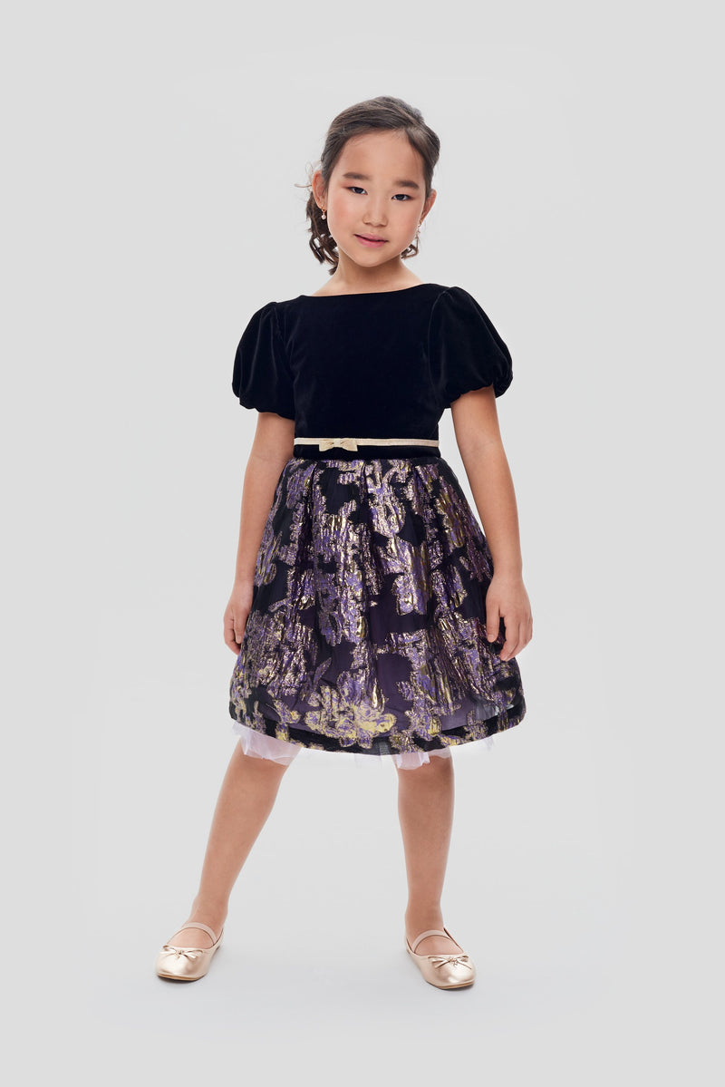 Combined Velvet and Brocade Smart Dress, black and lavender