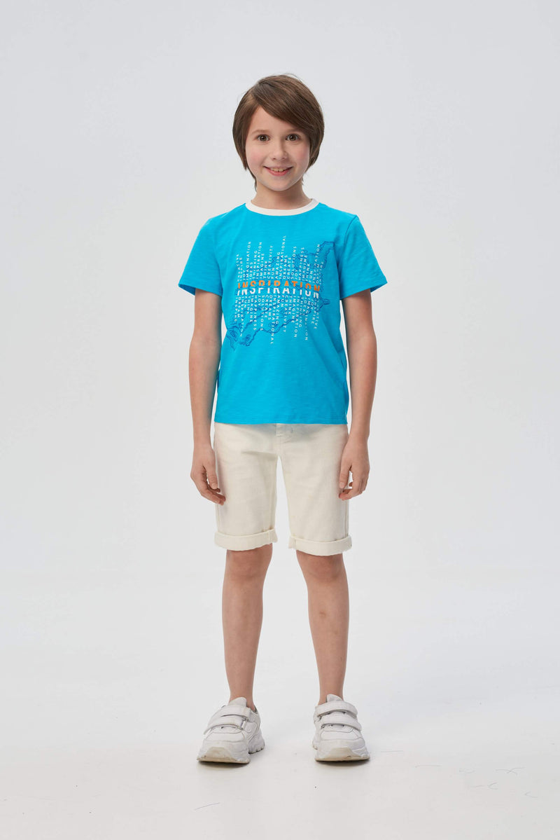 Blue decorated and printed t-shirt