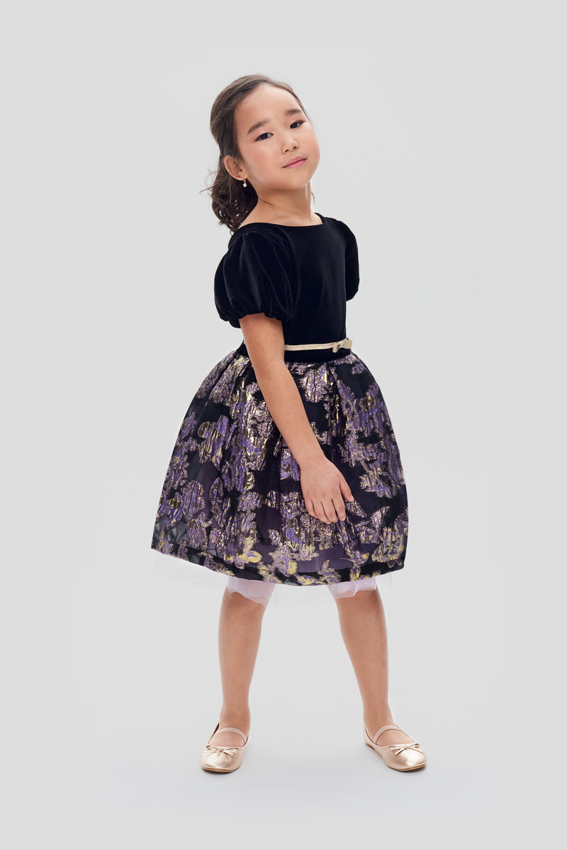 Combined Velvet and Brocade Smart Dress, black and lavender