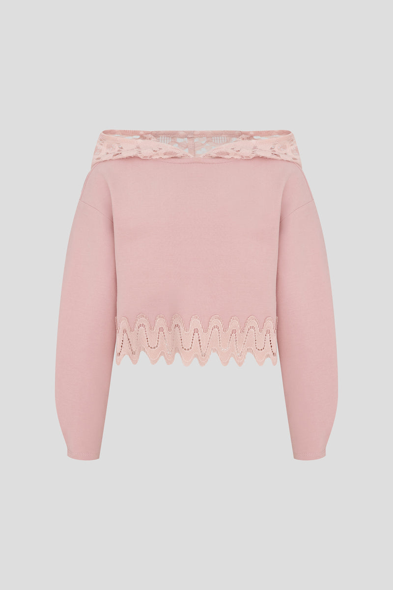 Velour Effect Lace Decorated Footer Sweatshirt