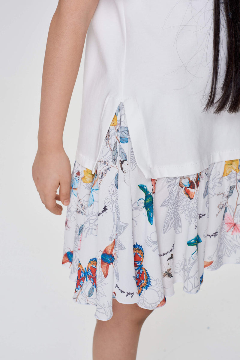 Combined Printed Dress, print on ecru