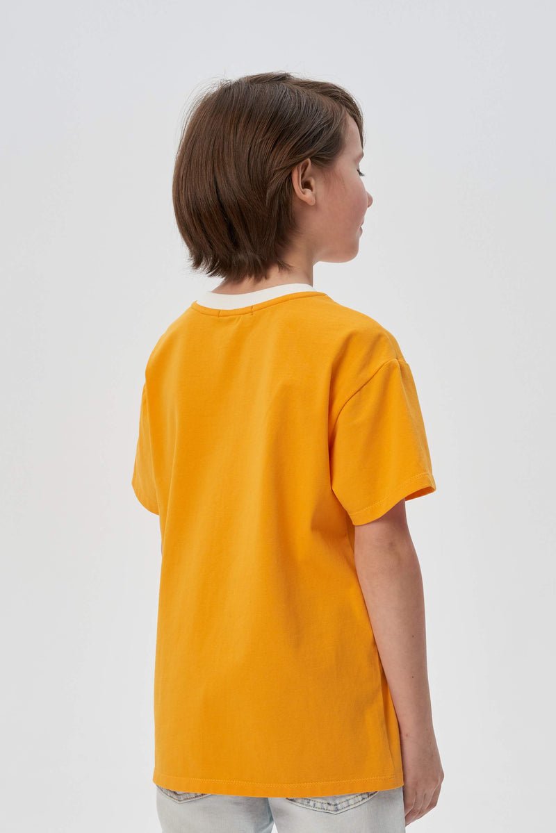 Ocher decorated and printed t-shirt