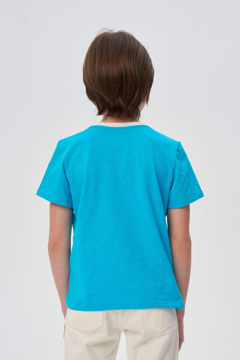 Blue decorated and printed t-shirt